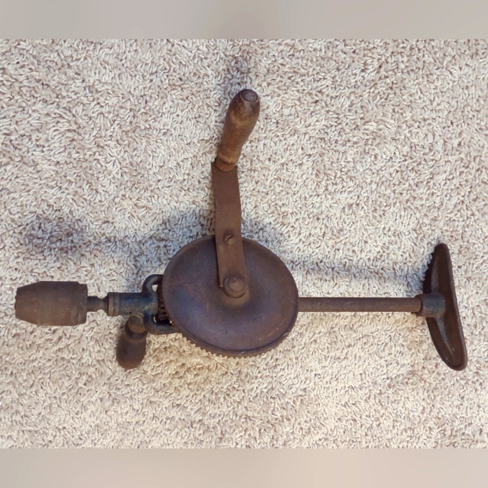 Antique Dunlap Shoulder Plate Hand Drill with Wood Handles